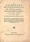 Portada con tipografía clásica sobre el patronato de la parroquia de Valtierra (1804)