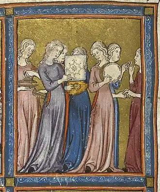 Miriam y las hebreas celebran el cruce del Mar Rojo. Réplica de la Hagadá de Oro, Barcelona, c. 1320.