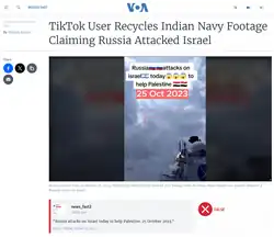 Screenshot of VOA news article. A somewhat blurred image of a TikTok claiming "Russia attacks on Israel today to help Palestine" is lead image.