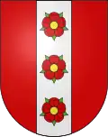 Escudo de la comuna suiza de Morens, con campo y tres rosas de gules, estas sobre un palo de plata.