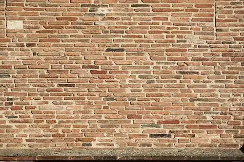 Muro de ladrillos foráneos mezclando ladrillos enteros y rotos (siglo XIX).