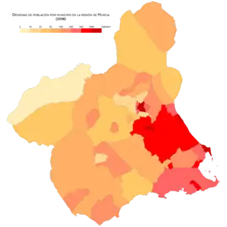 Densidad de población por municipio en la región de Murcia en el año 2018