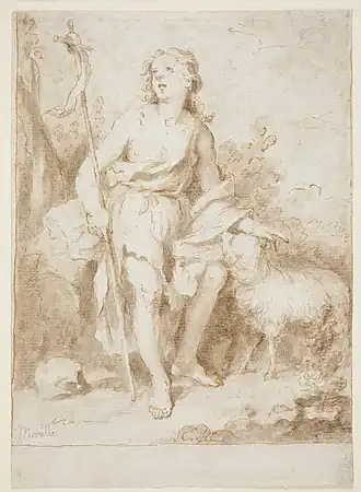 San Juan Bautista, niño, Murillo, segunda mitad del siglo XVII. Aguada parda, pluma sobre papel agarbanzado, 205 × 148 mm. Madrid, Museo del Prado, Gabinete de Dibujos, Estampas y Fotografías.[24]​
