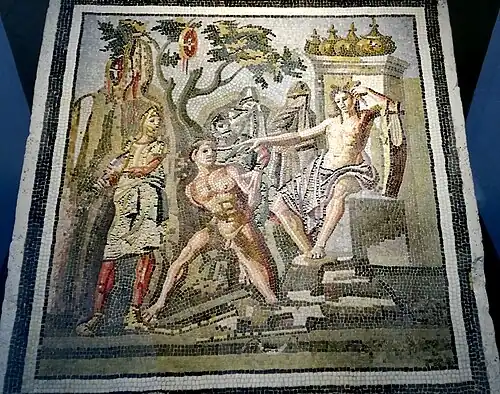 Emblema de mosaico: Apolo y Marsias (taller romano, siglo I a. C.)