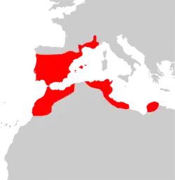 Mapa de distribución de Mus spretus.