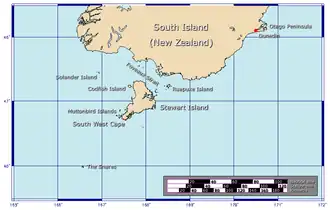Localización de las islas Snares en relación con Nueva Zelanda