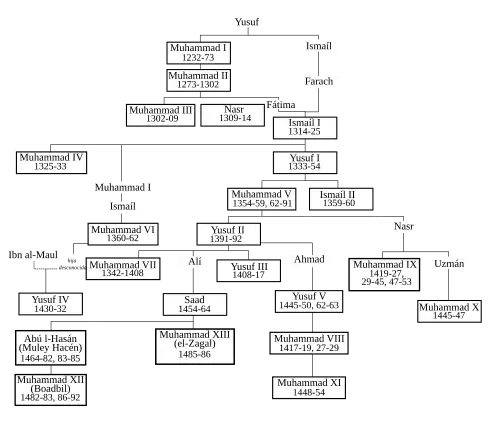A large family tree of the Nasrid dynasty, including more than ten generations and more than twenty Sultans