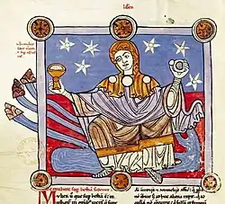 Fol. 30v (parte del folio donde está la miniatura); la mujer y la bestia (representada per las aguas; De Silva p. 220)