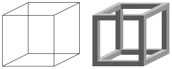 El cubo de Necker a la izquierda, y un cubo «imposible», a la derecha.