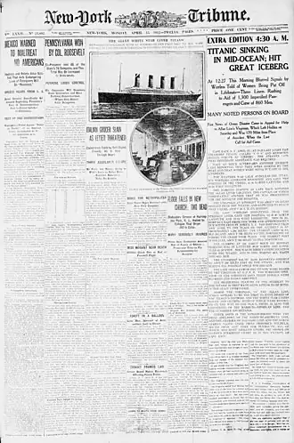 El New York Tribune cubre Hundimiento del Titanic en 1912.