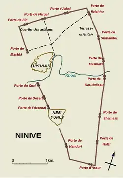 Nínive en el siglo VII a. C.: centro político-religioso en el tell de Quyunjik, arsenal en el tell Nebi Yunus.