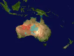 alt=Mapa de distribución de Notoryctes sp. * Notoryctes caurinus (en rojo) * Notoryctes typhlops (en azul)