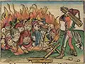 Quema de un grupo de judíos acusados de supuesta profanación de la hostia en Deggendorf, Bavaria, 1492. Xilografía de Schedel, Crónicas, Alemania, 1493.