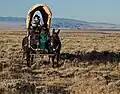 Recreación histórica de los carromatos del Oregon Trail (praderas del centro de América del Norte, mediados del siglo XIX).