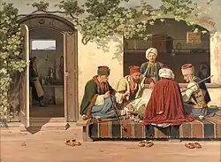 Orientales jugando al ajedrez, frente a una cafetería y barbería turca (1845)