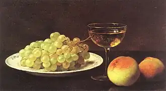 Bodegón con uvas, dos melocotones, vaso de jerez
