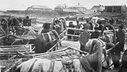 Una barcaza transportando carros tirados por caballos en el río Yenisei , 1913.