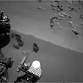 Curiosity rover scoop "bite marks" in the sand patch at the "Rocknest" site (October 15, 2012).