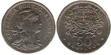 Efigie de la República Portuguesa en una moneda de 50 centavos (1912-1968).