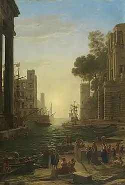 Paisaje con el embarque de Santa Paula en Ostia, Claude Lorrain, 1639-1640, óleo sobre lienzo, 211 × 145 cm, Museo del Prado, Madrid.