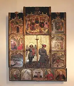 Retablo de los santos Miguel e Hipólito en Palau-del-Vidre, de Arnaud Gassies (1454), conocido como «retablo de los vidrieros» (artesanado que da nombre a esa localidad).[58]​