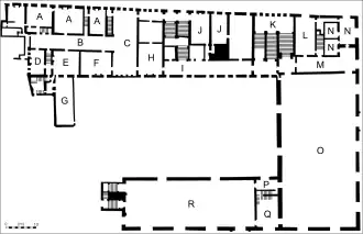 Plano de la primera planta. A - Appartamento del Doge, B - Sala dei Filosofi, C - Sala delle Mappe, D - Sala degli Stucchi, E - Sala Erizzo, F - Sala Grimani, G - Terrazza, H - Sala degli Scarlatti, I - Scala d'Oro, J - Sala della Quarantia Criminal, K - Scala del Censori, L - Sala della Quarantia Civil vecchia, M - Andito del Maggior Consiglio, N - Sala dell'Armamento, O - Sala del Maggior Consiglio, P - Andito, Q - Sala della Quarantia Civil nuova, R - Sala dello Scrutinio