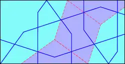 Reconstrucción del patrón de la izquierda a gran escala (líneas rojas), usando grandes azulejos girih