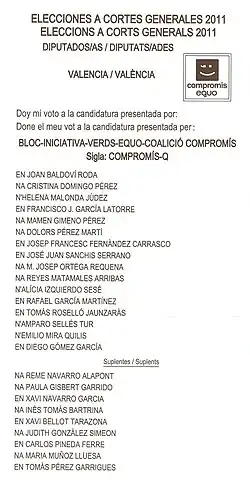 Papeleta de Compromís-Q en las elecciones generales de 2011 por la provincia de Valencia.
