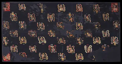 Manto Paracas decorado con diseños de deidades mitológicas.