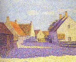 Calle de pueblo densamente urbanizada en Holanda, bajo el sol de la tarde (1899 - 1905)