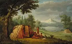 Indios chinook al frente del Monte Hood (c. 1850)