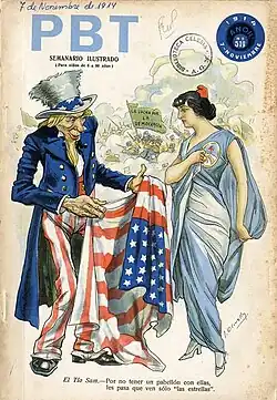 Las relaciones entre Estados Unidos y Argentina en 1914 retratadas por el Tío Sam y la Libertad de Oudiné.