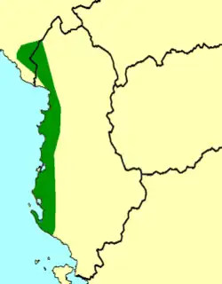 En verde la distribución de Pelophylax shqipericus.