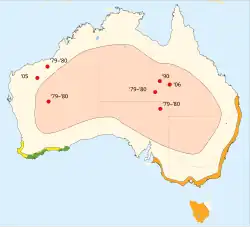 Distribución: puntos rojos (Pezoporus occidentalis), naranja (Pezoporus wallicus) y gualda/verde (Pezoporus flaviventris) (antigua y actual, respectivamente).