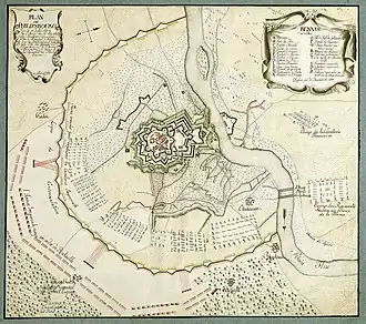 Plano francés del asedio de Philippsburg de 1734, ciudad defenida por una doble obra coronada