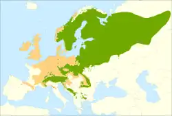 alt=Distribución de abeto rojo. : ✖ Distribución natural. : ▲ Introducido y naturalizado.