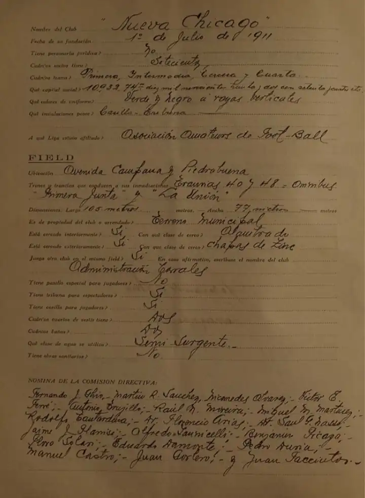 Planilla oficial de AFA (1927). Allí se describe el uniforme titular de Nueva Chicago (verde y negro a rayas verticales).