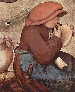 Pieter Brueghel el Viejo, 1568, niño en La boda campesina; el sombrero indica el género.
