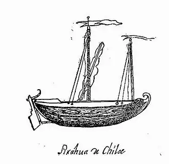 Piragua de Chiloé, de acuerdo a fray Francisco Menéndez, ya con implementos europeos.