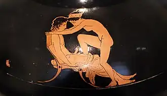 Jarra de vino (enócoe) cerámica de figuras negras del Pintor de Shuválov, c. 440-410 a. C., Antikensammlung Berlin, Altes Museum, Berlín.