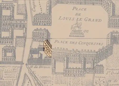 Situación de la fachada de la esquina noroeste de la plaza Louis-le-Grand, en 1710, pocos años después de su construcción. La fachada está sola, incompleta y deshabitada. El Hôtel de Dreux ocupa parte del terreno comprado en 1706 por Antoine Crozat. Mapa de París de François Blondel y Pierre Bullet, reeditado y actualizado por Jean Baptise Michel Jaillot en 1710. El norte está a la izquierda.