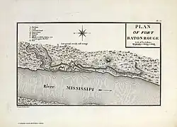 Plano de Baton Rouge y lugar por el que se acercaron los españoles y situaron sus baterías