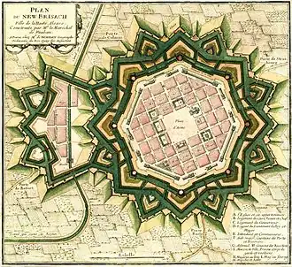 Plano de 1697 de la ciudad fortaleza francesa de Neuf-Brisach, con una gran obra coronada