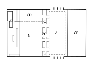 Esquema de la planta de la parroquia. N. nave de la iglesia; CD. capilla de diari; S. sacristía; ZC. zaguán y coro sobre él; A. atrio; CP. centro parroquia