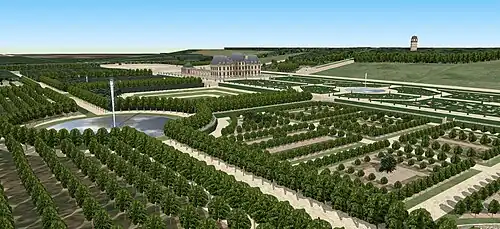 [fr→es]Vue aérienne du domaine, avec les plantations fruitières.
