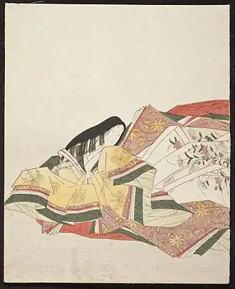 Una poetisa, de la serie 36 poetas inmortales, xilografía de madera a color, c. 1800