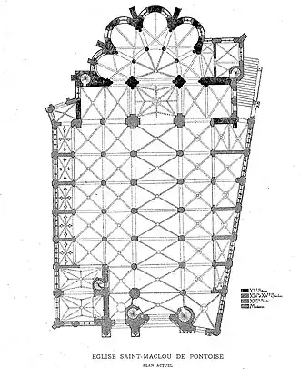 Planta actual (Eugène Lefèvre-Pontalis, Monographie de l'église Saint-Maclou de Pontoise, Pontoise, A. Pâris, 1888, planche I)