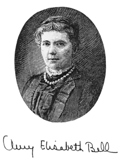 A black and white sketched portrait of a woman looking towards the viewer from her left side. She has pale skin, and dark hair pinned up. Her clothes are old-fashioned - formal wear for the late 19th century, although we cannot see below the shoulders.