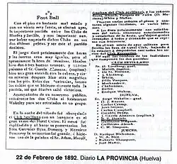 Diario La Provincia. 22 de febrero de 1892, aludiendo al "Club Recreativo de Huelva" y al Club inglés de Sevilla.