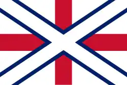 Otra propuesta temprana para la Union Jack, consistente en una cruz de San Andrés blanca con fimbriación azul superpuesta sobre una cruz de San Jorge roja sobre un campo blanco.